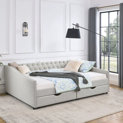 Upholstered Tufted Daybed With Drawers Waved Arms