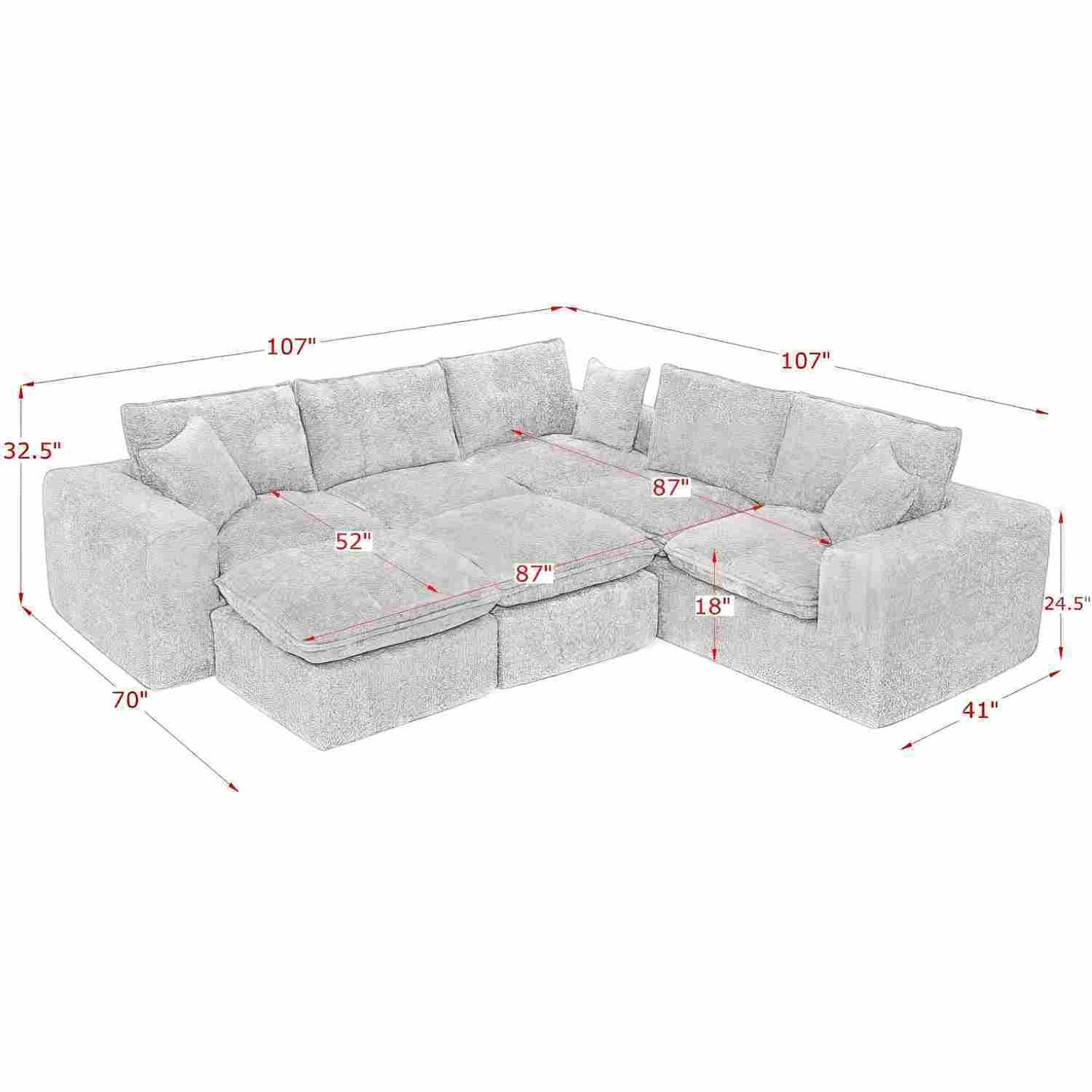 Sectional sofa with moveable ottoman, HouseOfZazla 3-piece set in light gray fabric on Tampa Home & Garden Store