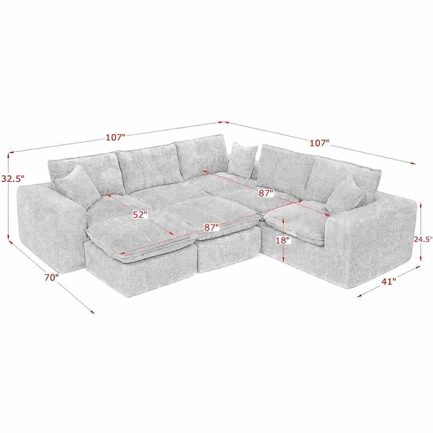 Sectional sofa with moveable ottoman, HouseOfZazla 3-piece set in light gray fabric on Tampa Home & Garden Store