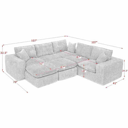 Sectional sofa with moveable ottoman, HouseOfZazla 3-piece set in light gray fabric on Tampa Home & Garden Store
