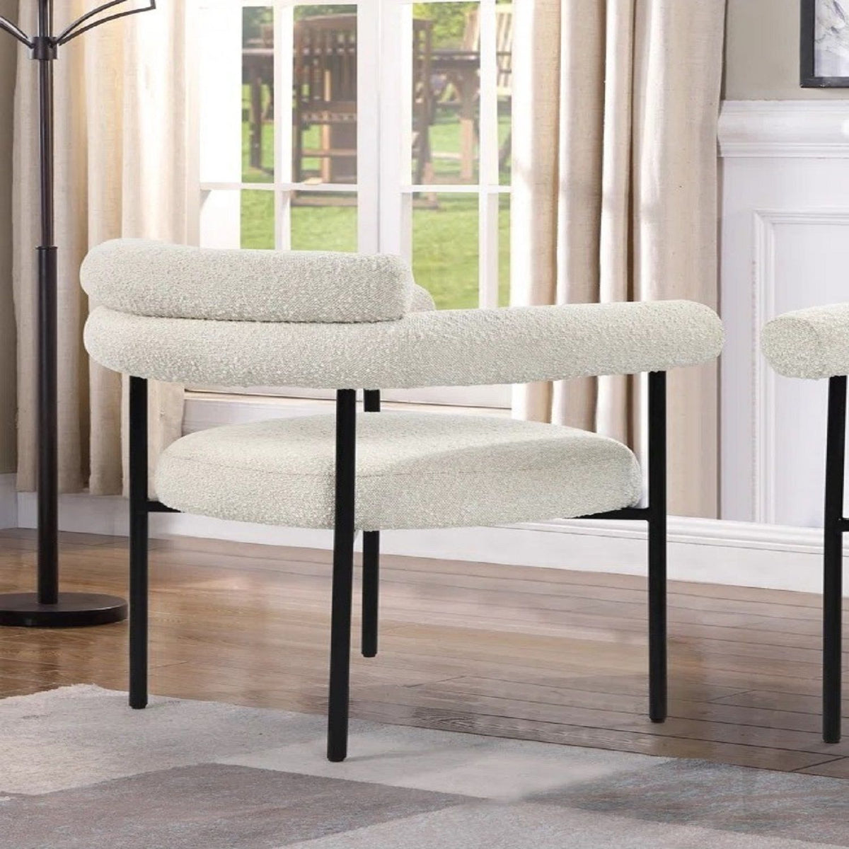 Beige upholstered accent dining chairs with armrests, set of 2, boucle fabric and black legs on Tampa Home & Garden Store
