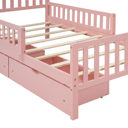 Pink platform bed with double guardrails, wood slat base, and two under-bed storage drawers on Tampa Home & Garden Store
