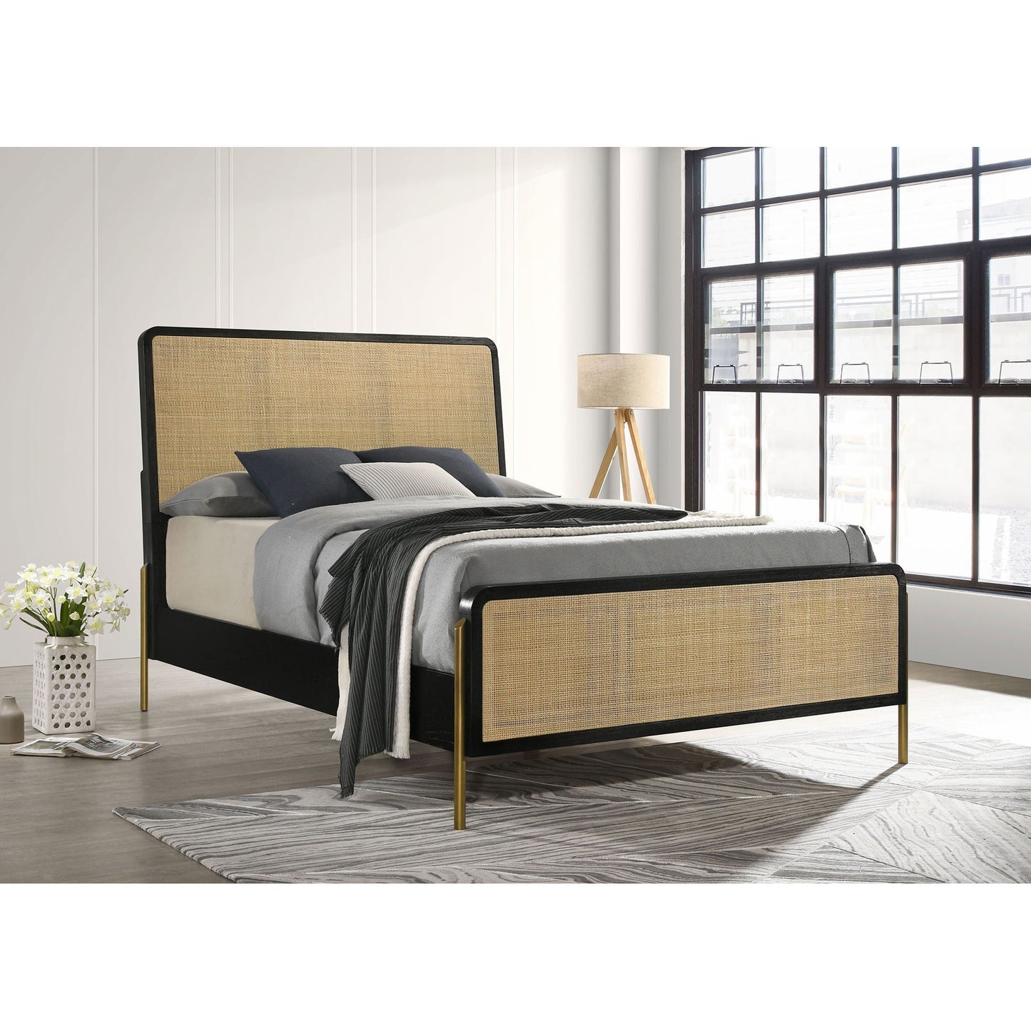 Anser bed two-panel beds by HouseOfZazla; woven cane headboard, black frame, gold legs on Tampa Home & Garden Store