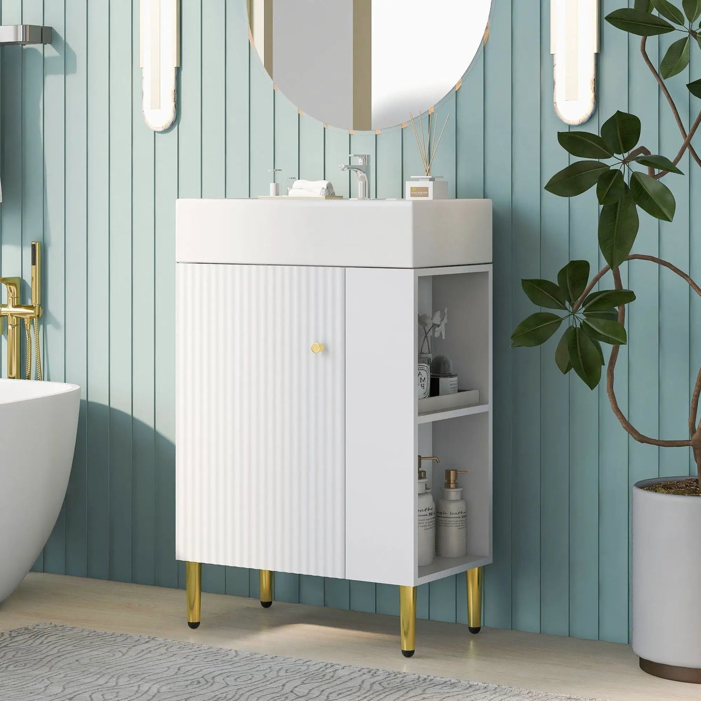 Bathroom vanity combo cabinet with ribbed front and ceramic sink by Unique Piece Furniture on Tampa Home & Garden Store