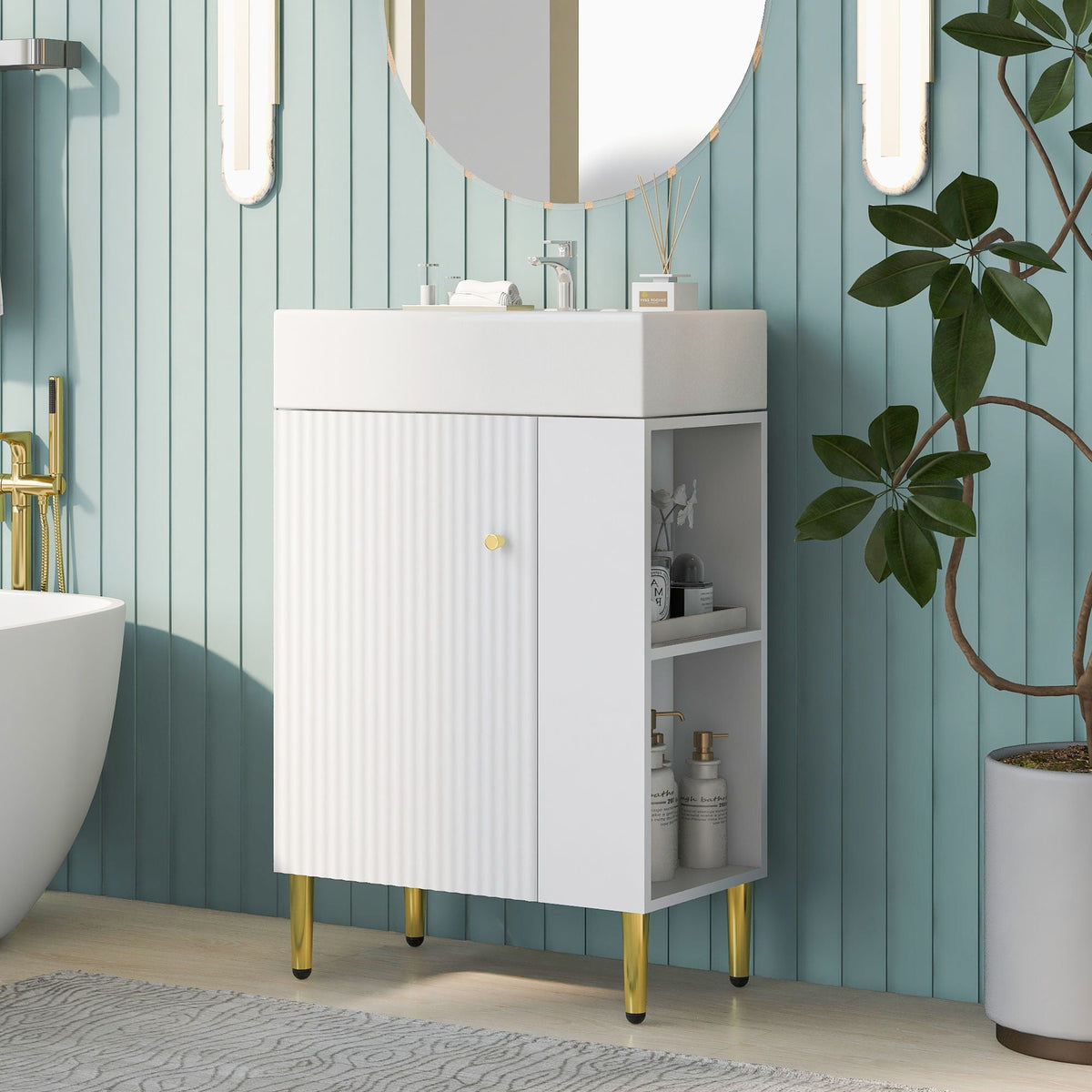 Bathroom Vanity with Single Ceramic Sink and Side Storage, white ribbed front and gold legs on Tampa Home & Garden Store