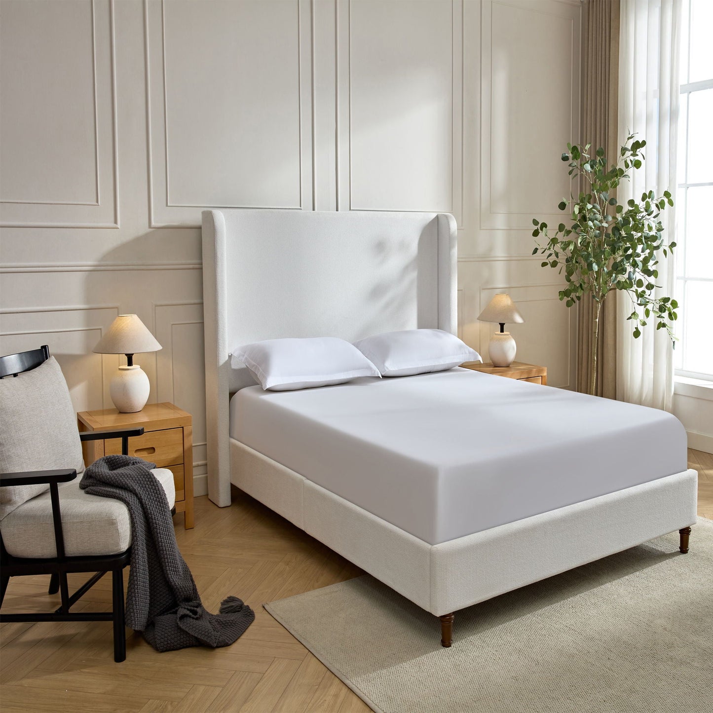 Harper tall upholstered bed by HouseOfZazla in light gray fabric with high headboard on Tampa Home & Garden Store