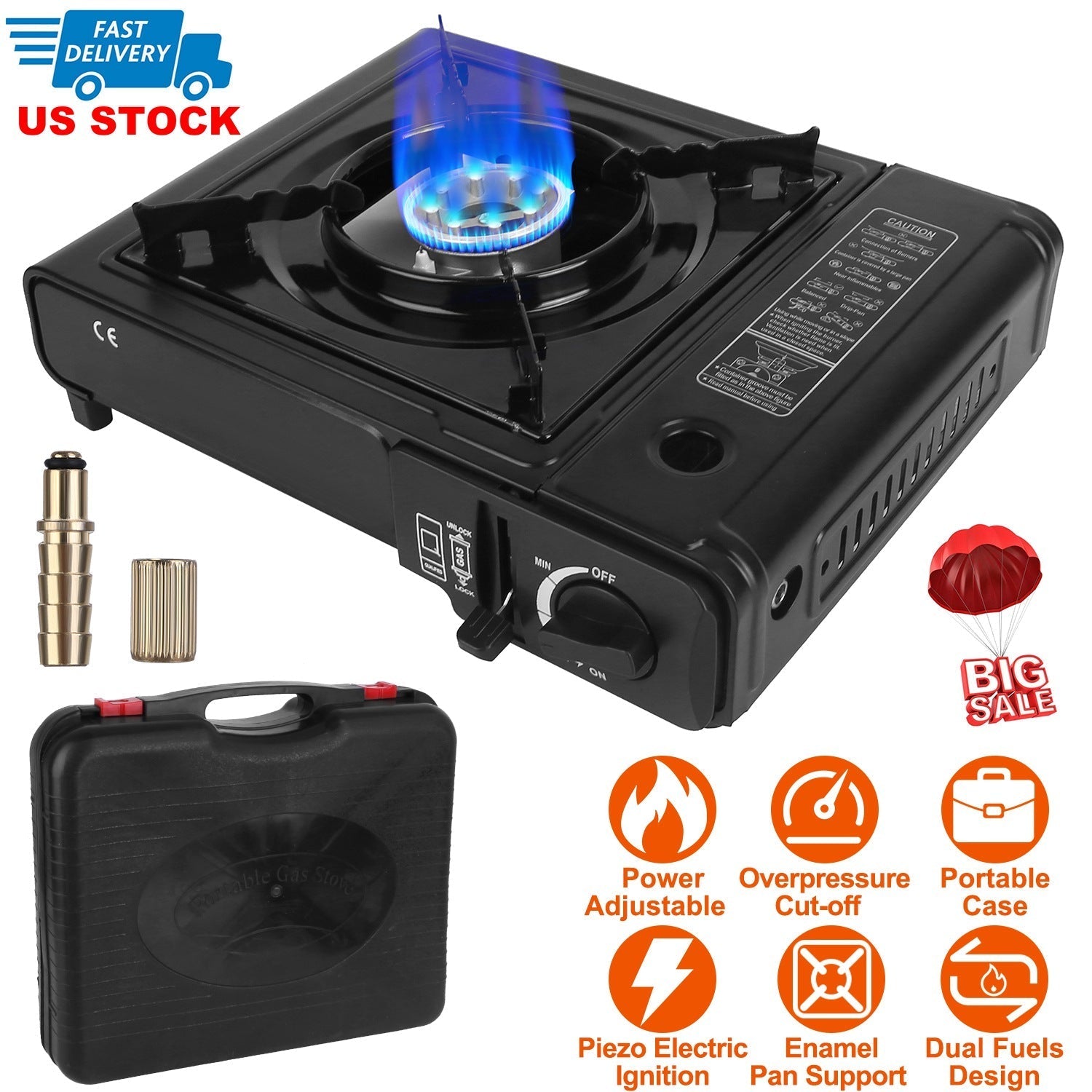 GemGear 3300W portable camping stove with dual fuel burner and piezo ignition on a carry case on Tampa Home & Garden Store