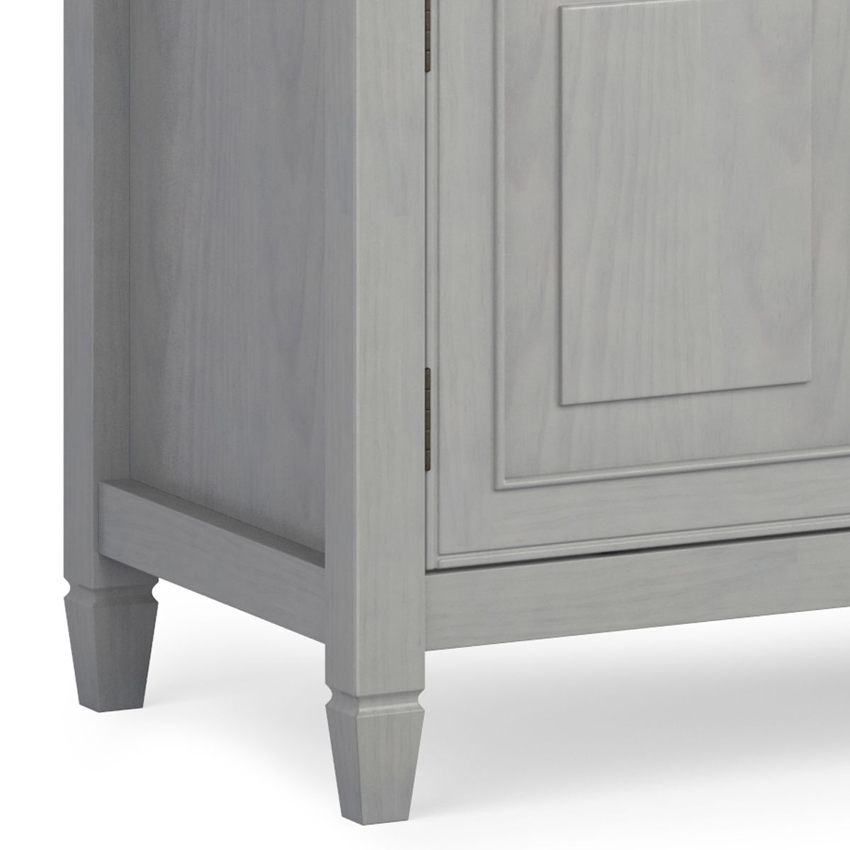 Sturdy solid wood TV stand with gray wash finish and tapered legs for storage on Tampa Home & Garden Store