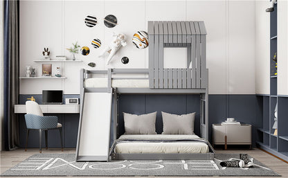 Loft bunk bed with playhouse in gray wood, ladder and slide by HouseOfZazla on Tampa Home & Garden Store