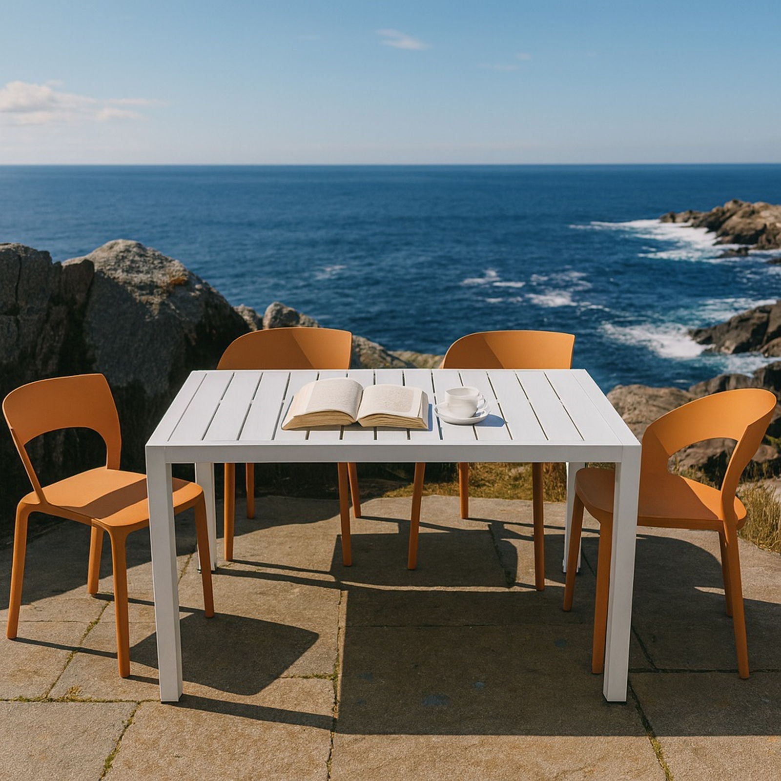 4 Piece Modern Outdoor Dining Set with Long White Table and Orange Chairs by HouseOfZazla on Tampa Home & Garden Store