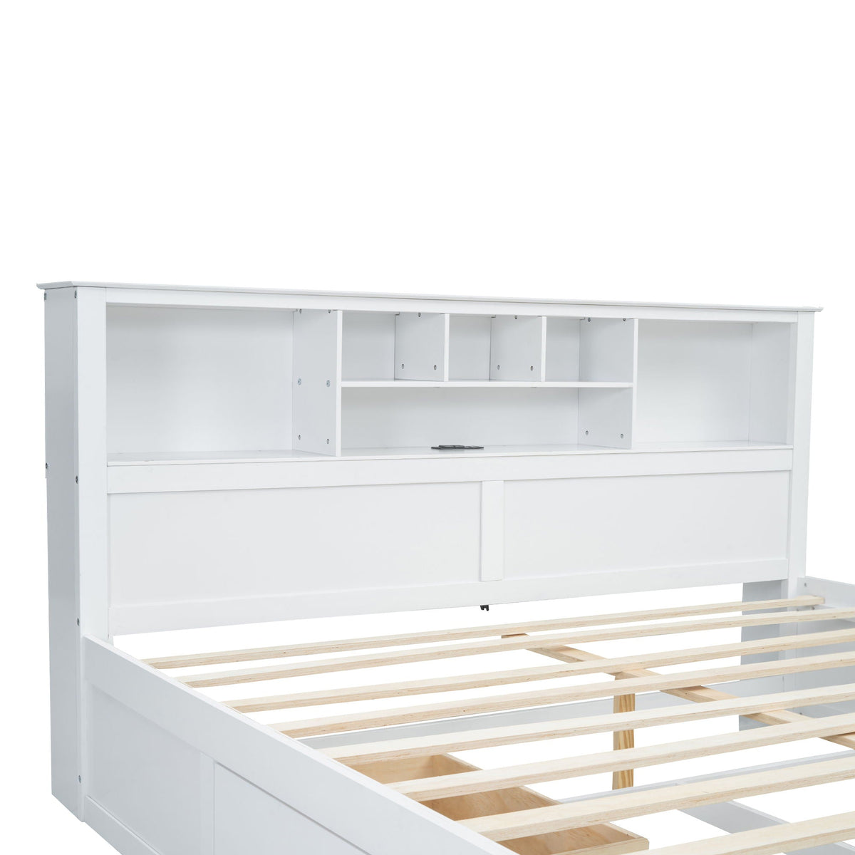 Platform bed in white with a multi-storage headboard featuring cubby shelves and front drawers on Tampa Home & Garden Store