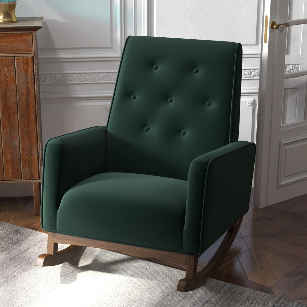 Demetrius solid wood rocking chair with green upholstery and tufted back wood rockers on Tampa Home & Garden Store