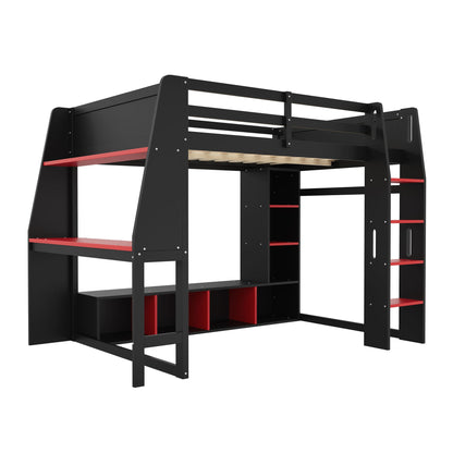Gaming loft bed with desk and shelves in black with red accents and built-in ladder on Tampa Home & Garden Store