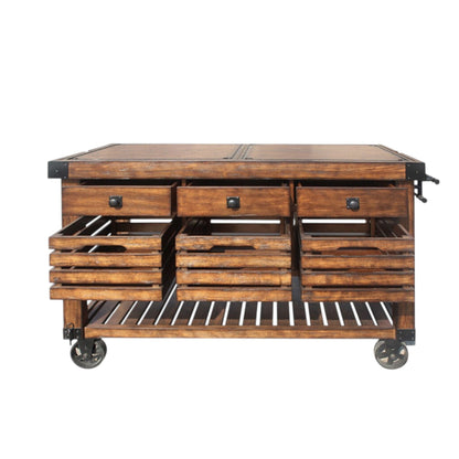 Kaif Distressed Chestnut Kitchen Cart by HouseOfZazla with drawers, black knobs, caster wheels on Tampa Home & Garden Store