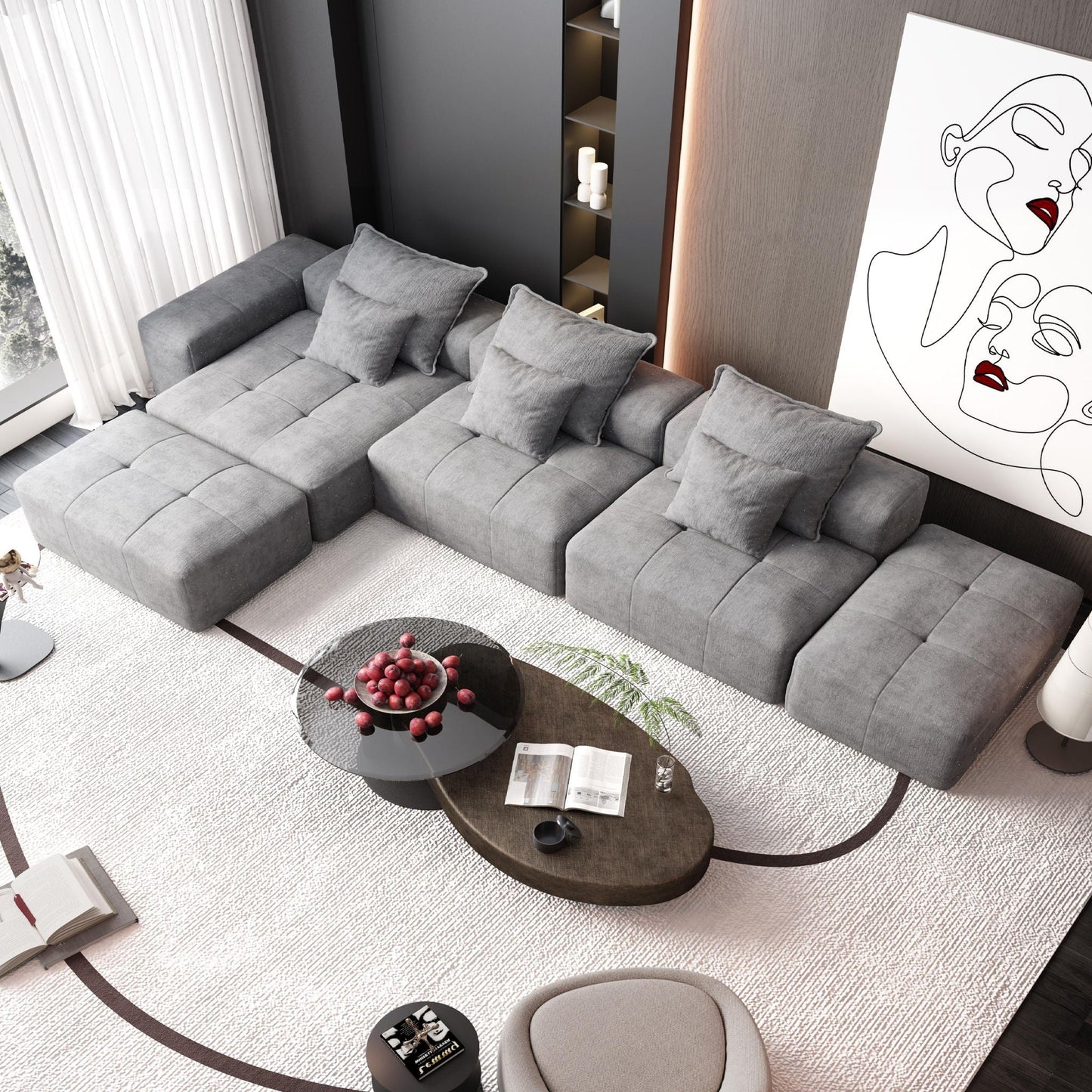 Modern oversized DIY modular sectional sofa in gray fabric with pillows, living room setup on Tampa Home & Garden Store