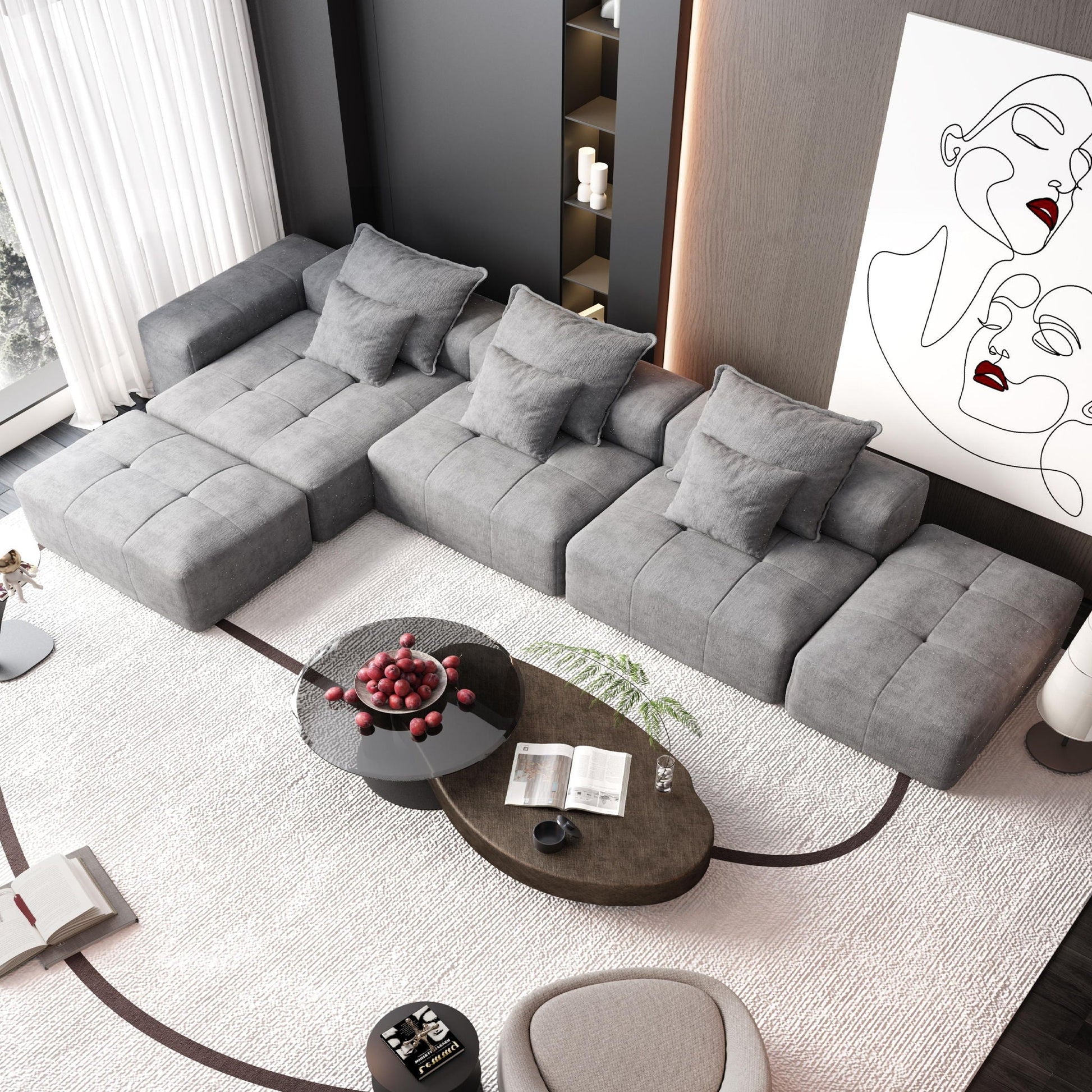 Modern oversized DIY modular sectional sofa in gray fabric with pillows, living room setup on Tampa Home & Garden Store
