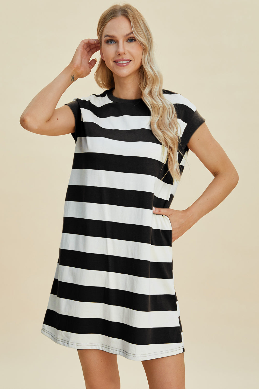 Stevvex striped mini dress, black and white, round neck cap sleeves, casual chic on Tampa Home & Garden Store
