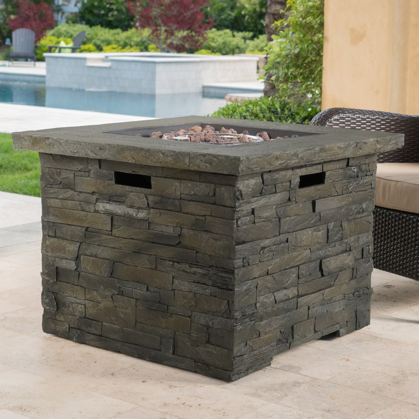 33in square MGO fire pit with dark stone veneer, 40,000 BTU outdoor centerpiece on Tampa Home & Garden Store