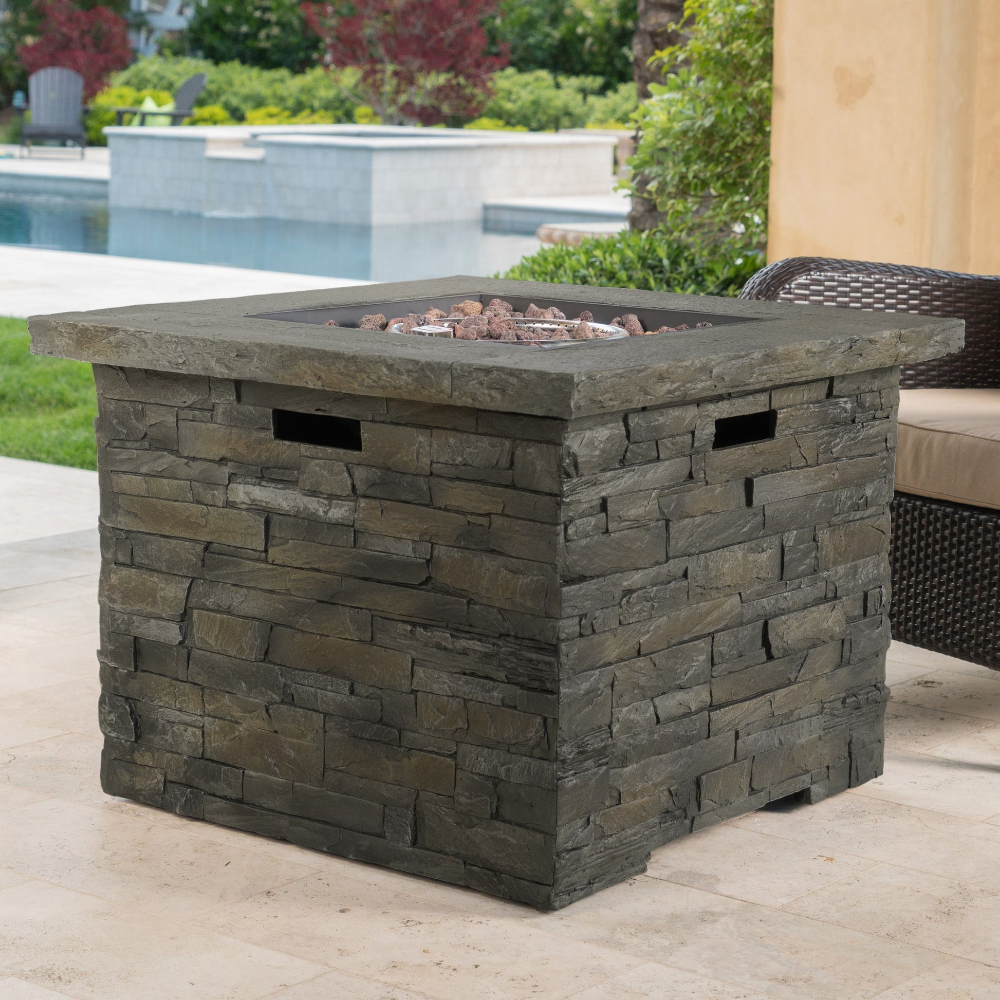 33in square MGO fire pit with dark stone veneer, 40,000 BTU outdoor centerpiece on Tampa Home & Garden Store