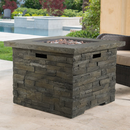33in square MGO fire pit with dark stone veneer, 40,000 BTU outdoor centerpiece on Tampa Home & Garden Store