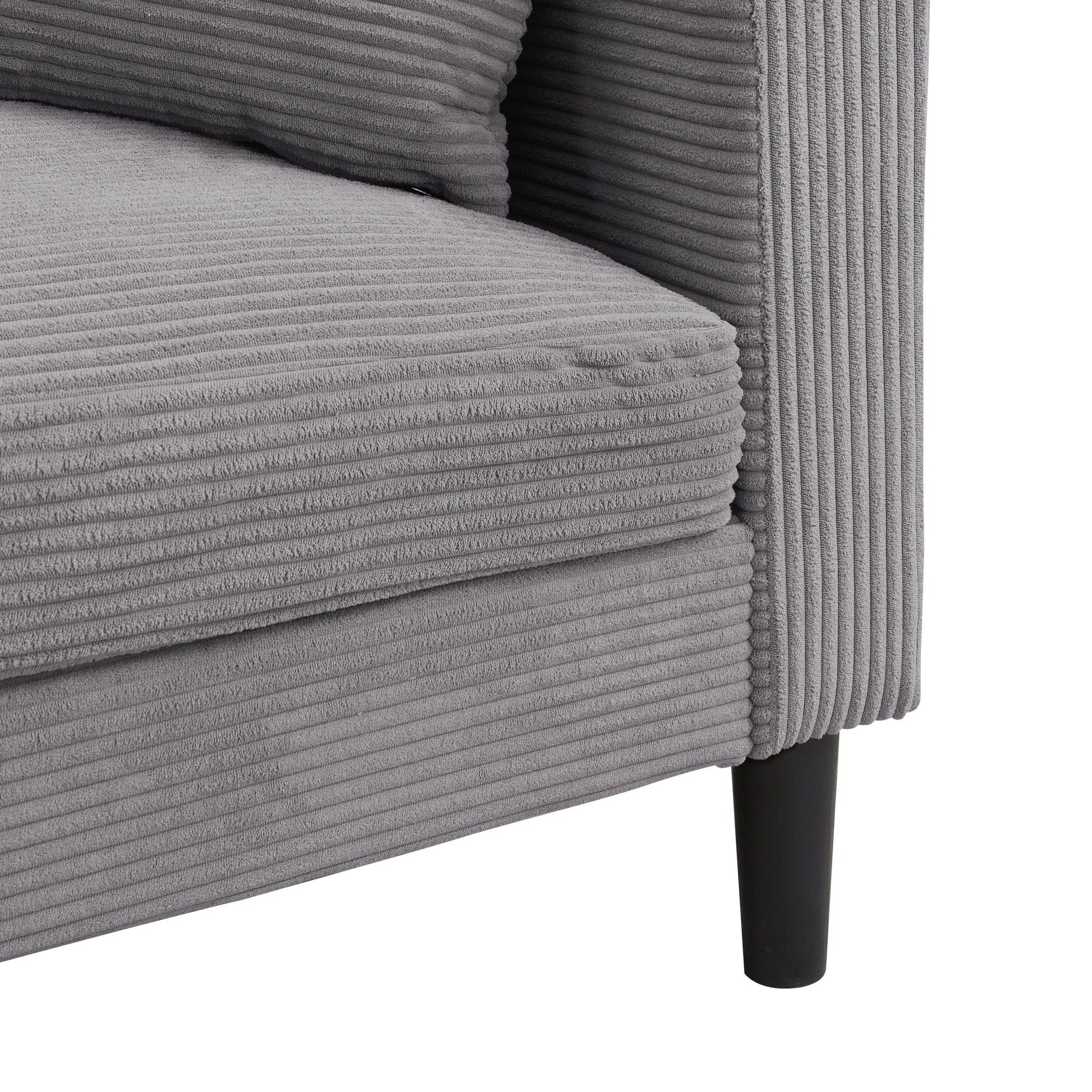 Modern upholstered loveseat by HouseOfZazla in gray corduroy with ribbed texture and black leg on Tampa Home & Garden Store