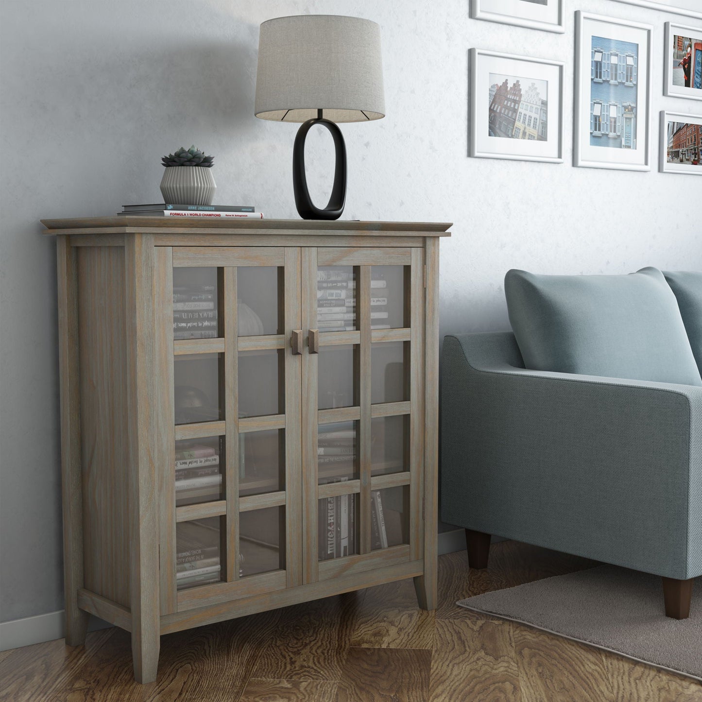 Artisan Handcrafted Medium Storage Cabinet in light weathered wood with glass doors on Tampa Home & Garden Store