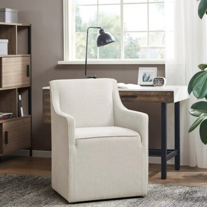 Traditional skirted dining arm chair by Unique Piece Furniture in beige fabric with curved arms on Tampa Home & Garden Store