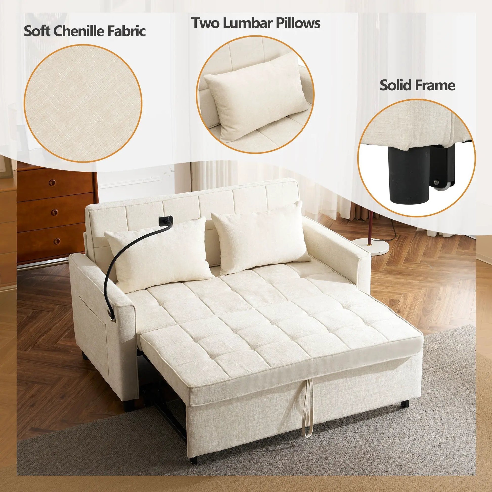 Pull-Out Sleeper Sofa in soft chenille beige fabric with two lumbar pillows and solid frame on Tampa Home & Garden Store