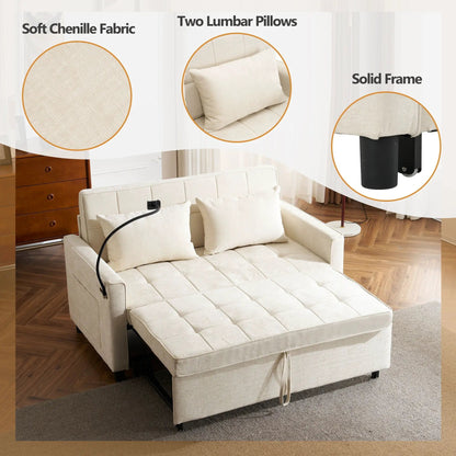 Pull-Out Sleeper Sofa in soft chenille beige fabric with two lumbar pillows and solid frame on Tampa Home & Garden Store