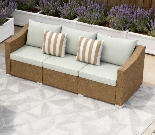 Three-seat rattan wicker outdoor sofa with mint cushions and beige striped pillows HouseOfZazla on Tampa Home & Garden Store