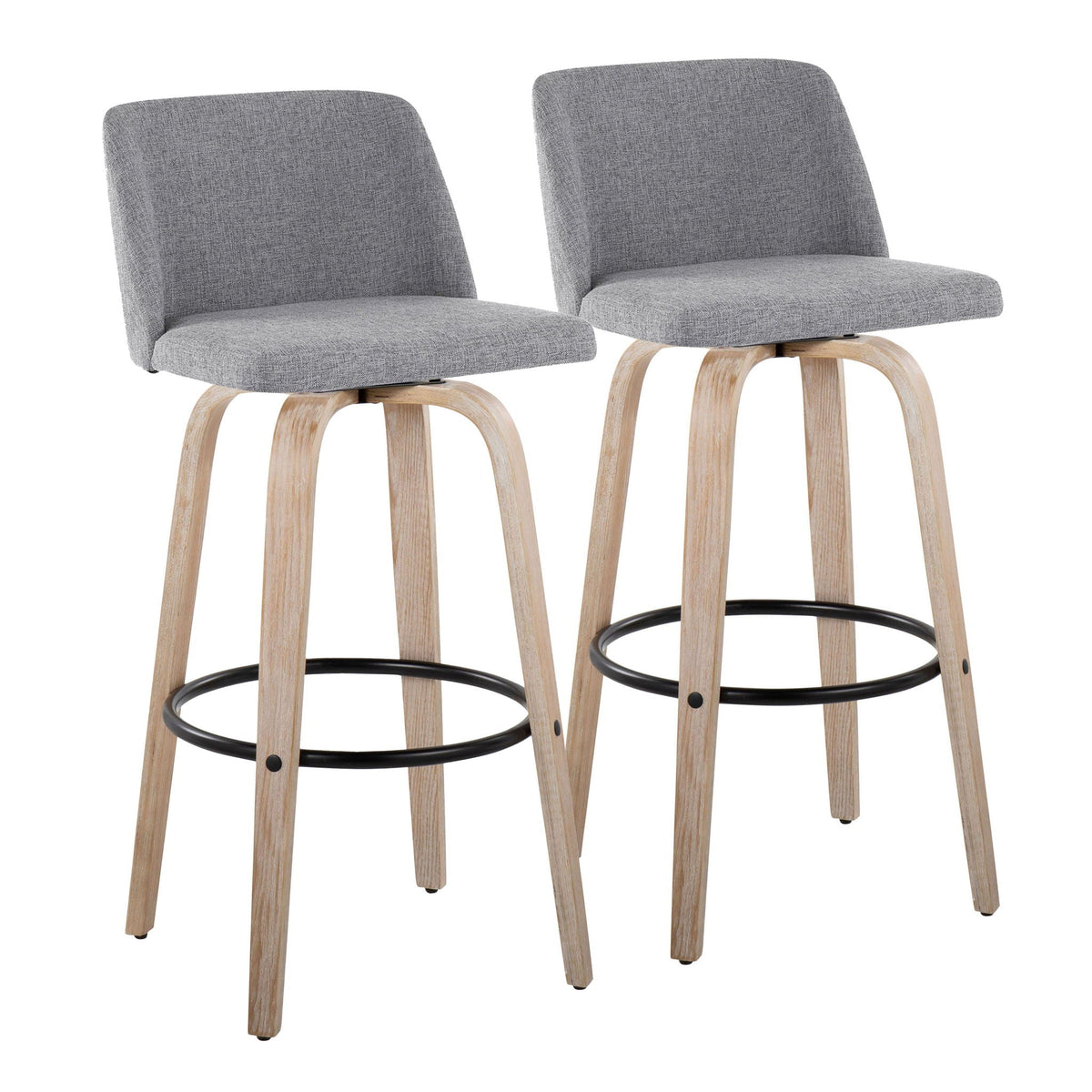 Mid-Century Modern fixed-height bar stool set in grey fabric with wood legs and black footrest on Tampa Home & Garden Store