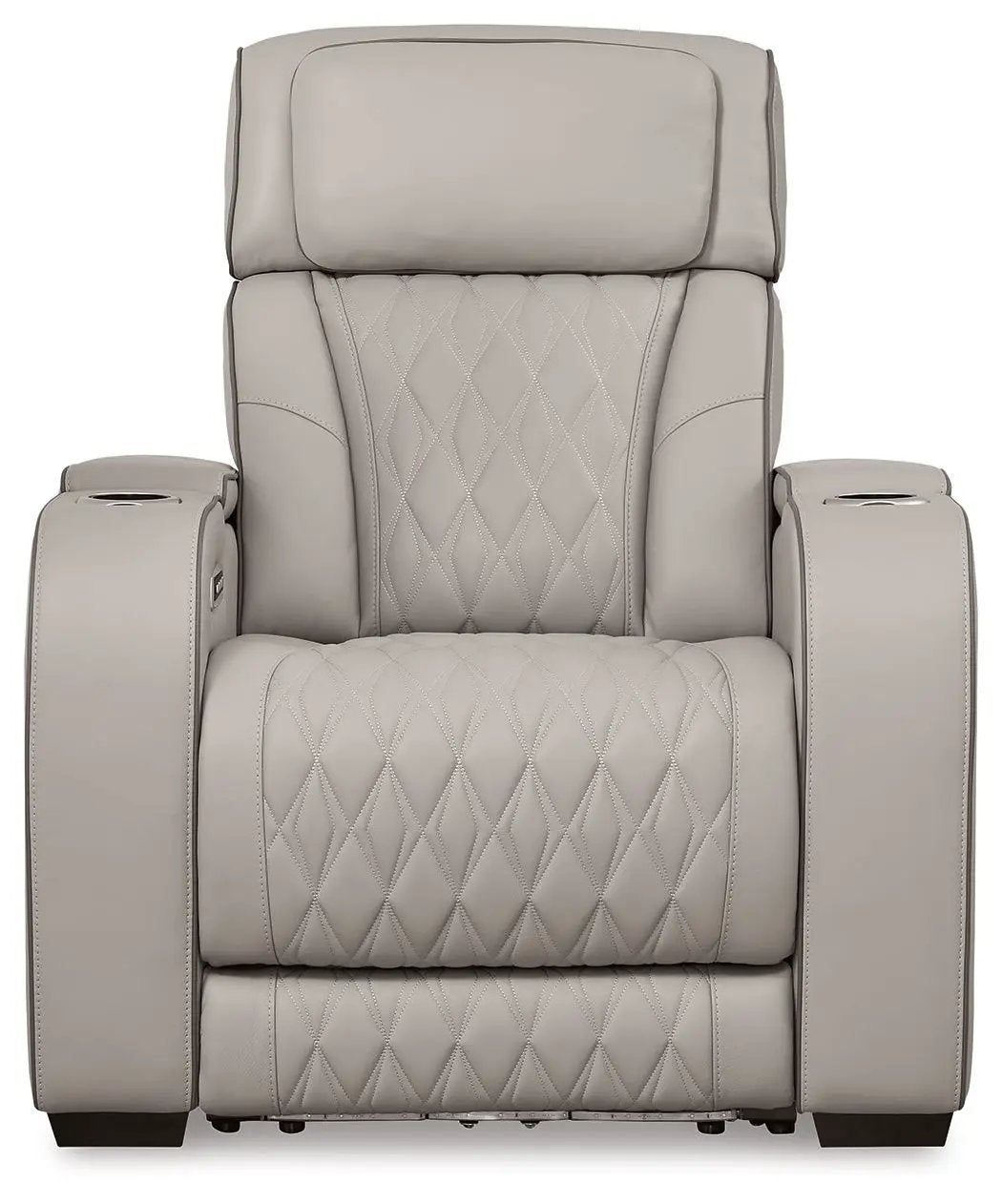 Boyington power recliner with adj headrest in taupe leather, quilted finish, cup holders on arms on Tampa Home & Garden Store