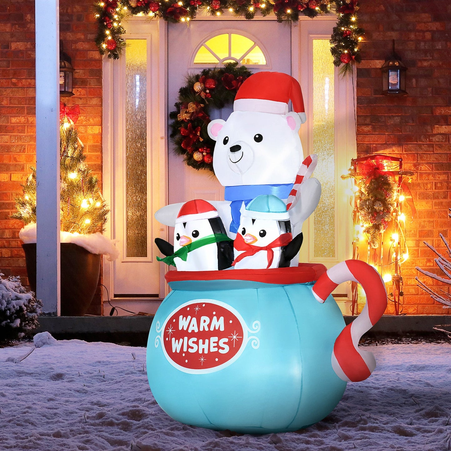 Outsunny 5ft Christmas inflatable yard decor polar bear with penguins in blue cup candy canes on Tampa Home & Garden Store