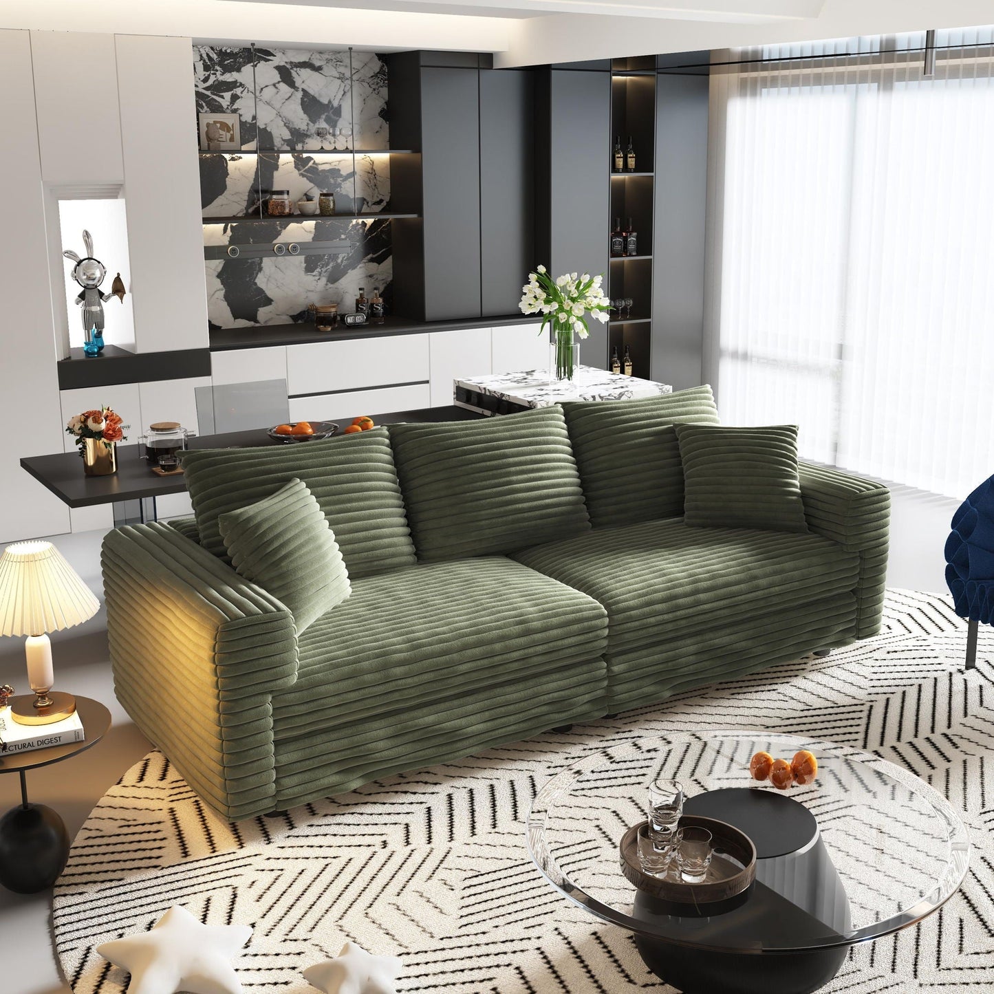 4-seat modern comfy upholstered Cloud Couch by HouseOfZazla in olive green ribbed fabric on Tampa Home & Garden Store