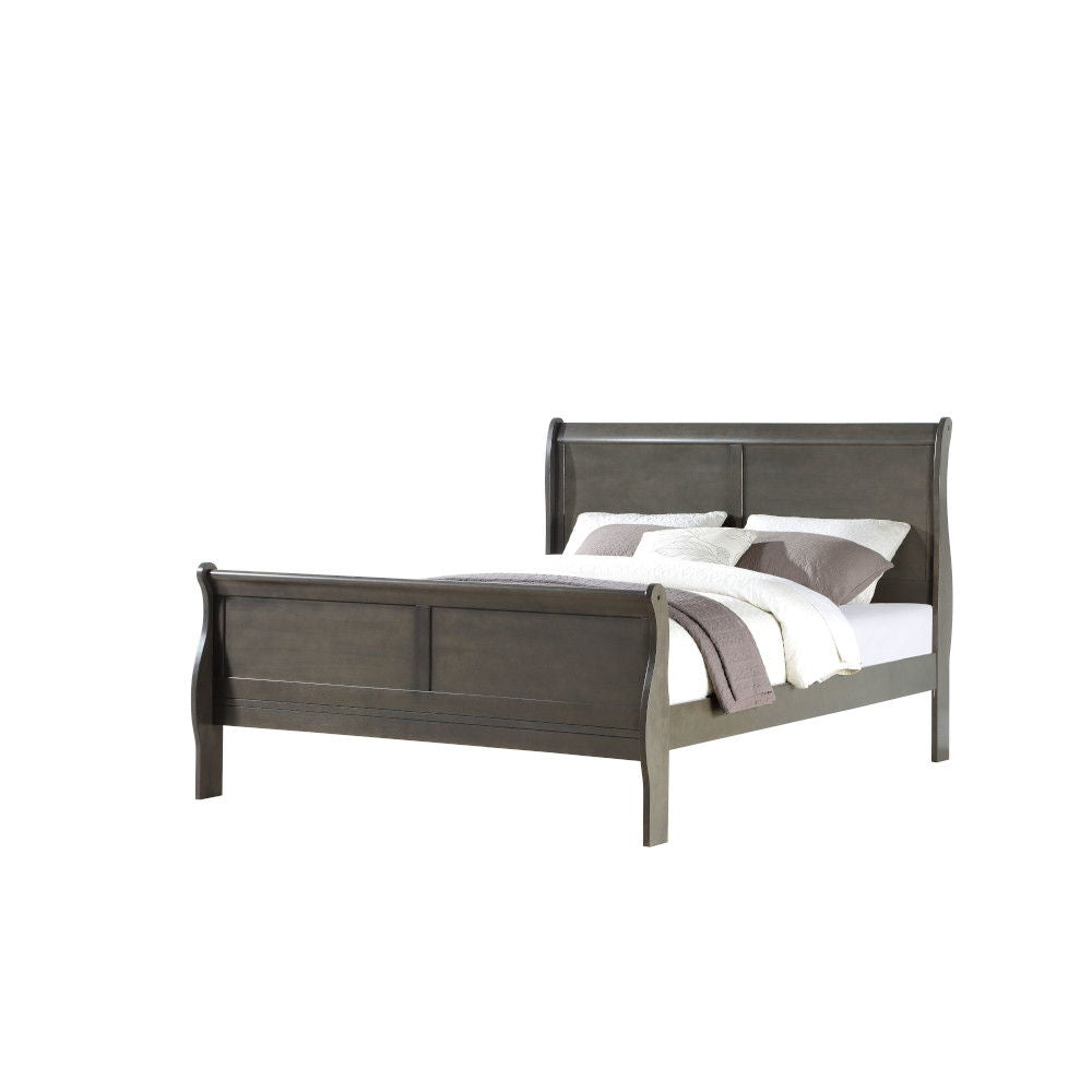 Louis Philippe Sleigh Style Bed gray-brown wood with upholstered headboard by HouseOfZazla on Tampa Home & Garden Store