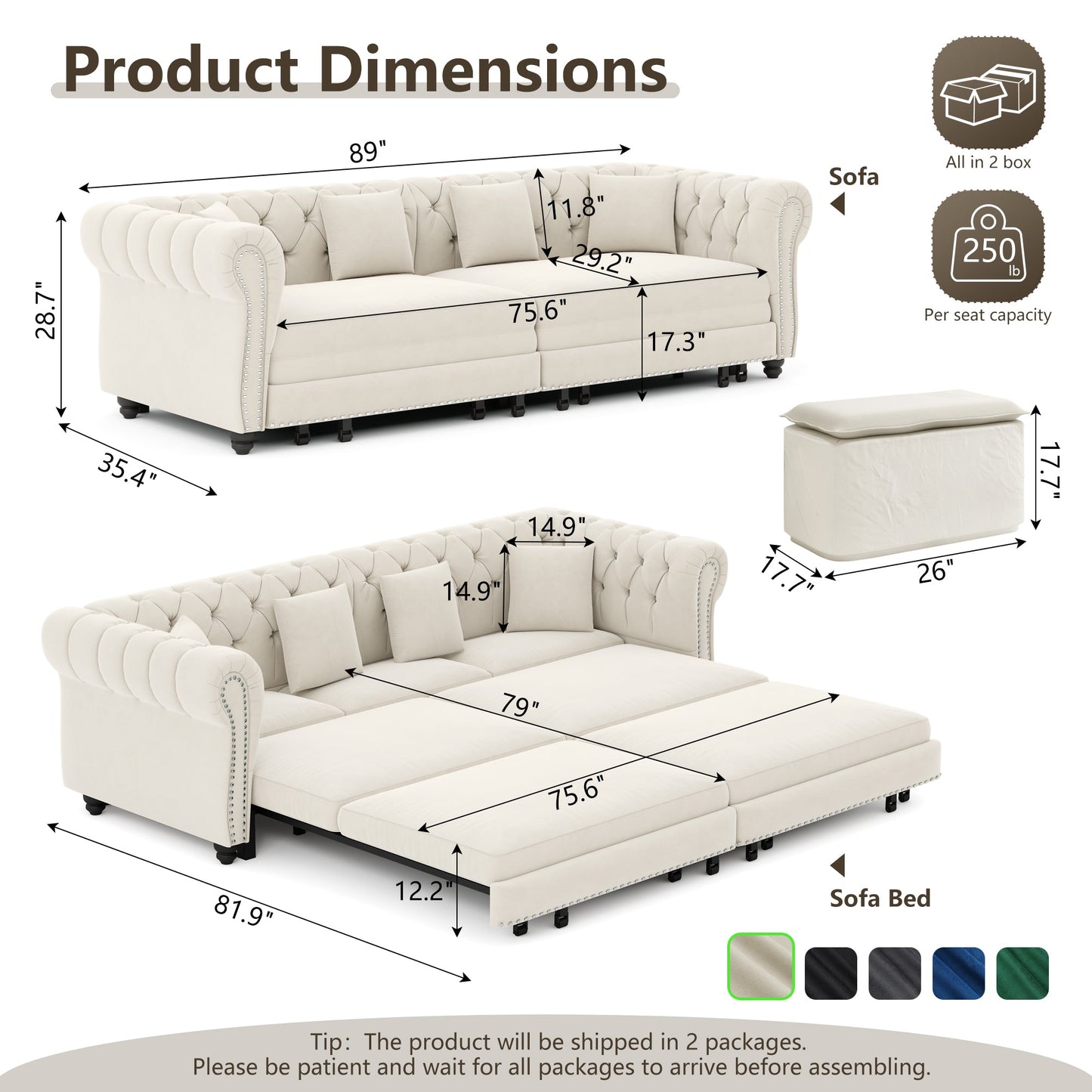 Designer Velvet Chesterfield Sofa and Bed