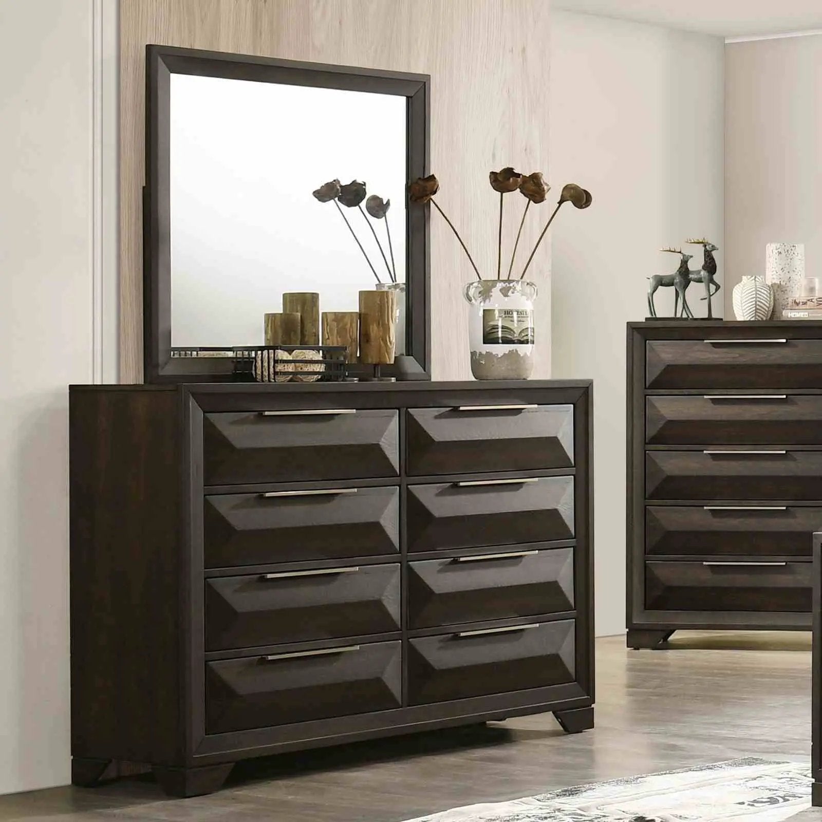Dresser with mirror in espresso finish, beveled bracket feet, 8 drawers on Tampa Home & Garden Store