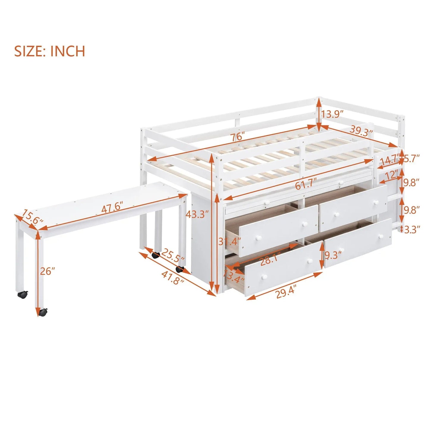 Loft bed with retractable desk, 4 drawers and side shelves, white finish Unique Piece Furniture on Tampa Home & Garden Store