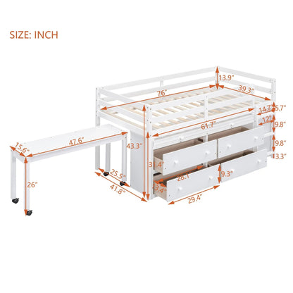 Loft bed with retractable desk, 4 drawers and side shelves, white finish Unique Piece Furniture on Tampa Home & Garden Store