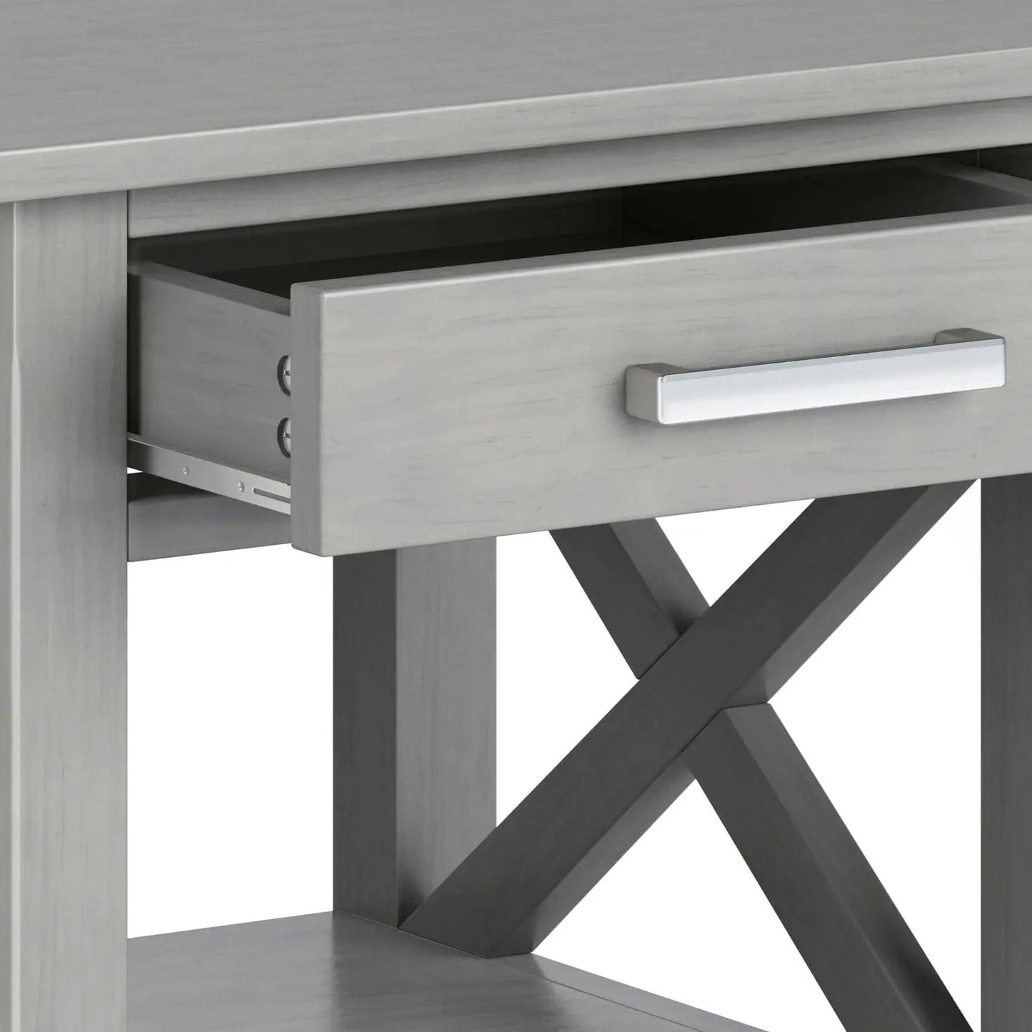 Kitchener Handcrafted Console Table, light gray woodgrain with open drawer on Tampa Home & Garden Store