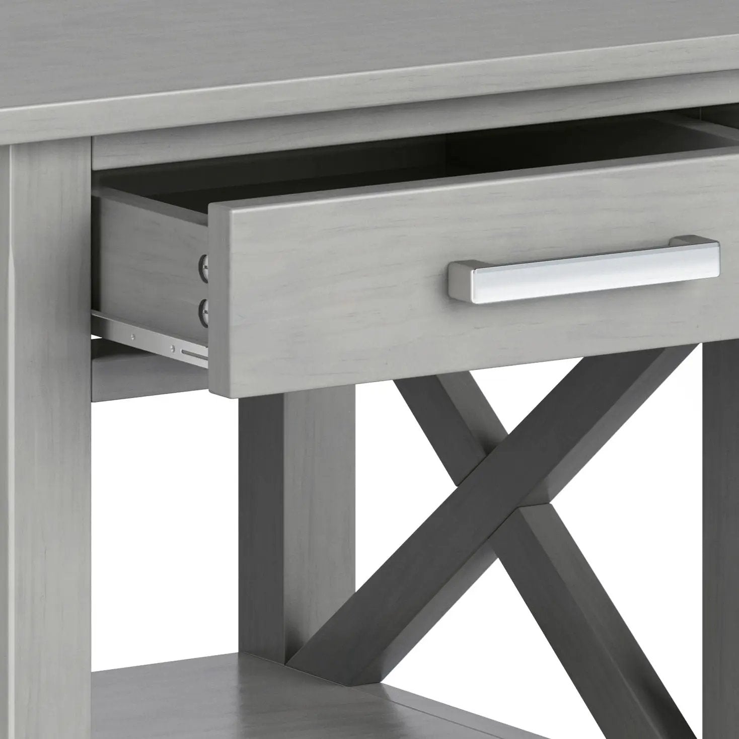 Kitchener Handcrafted Console Table, light gray woodgrain with open drawer on Tampa Home & Garden Store