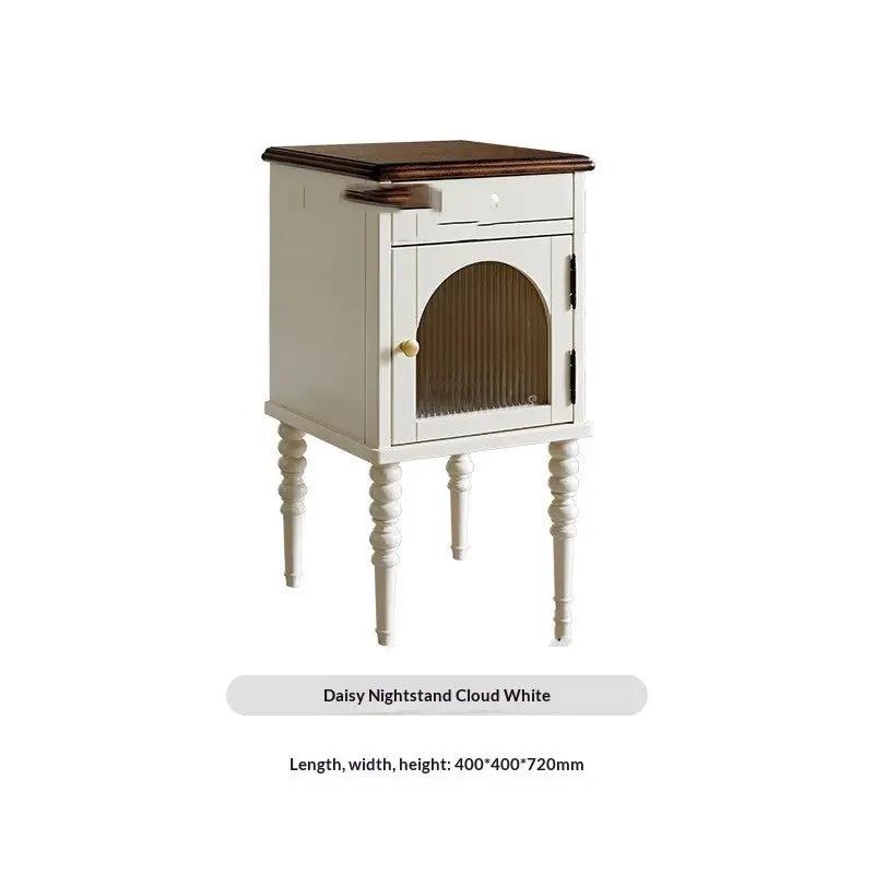 Bedside table cloud white wood with dark wood top, arched glass door and single drawer on Tampa Home & Garden Store