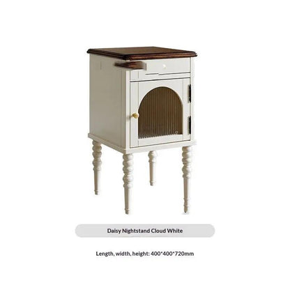 Bedside table cloud white wood with dark wood top, arched glass door and single drawer on Tampa Home & Garden Store
