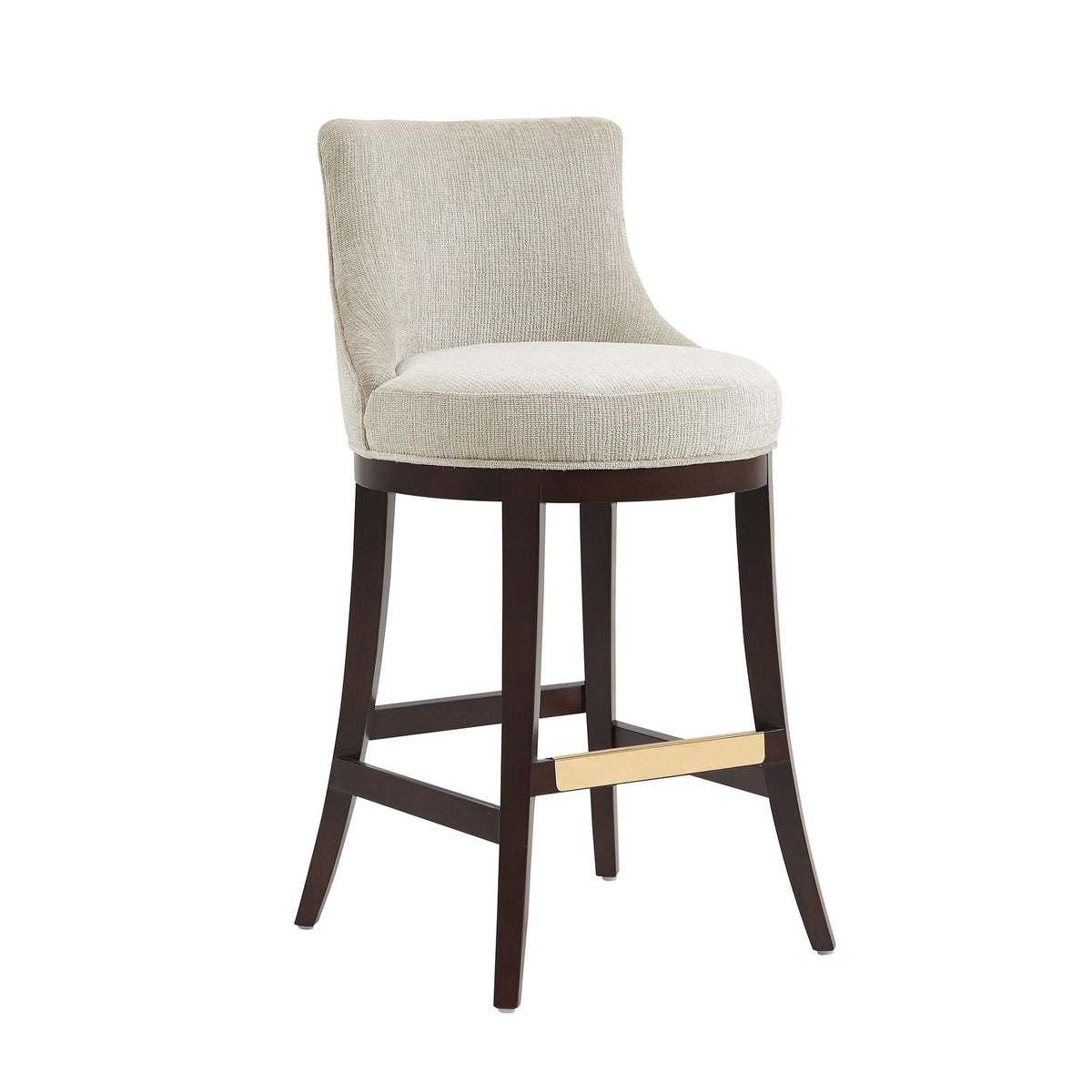 Bar height barstool with backrest in beige fabric, dark wood legs, brass footrest on Tampa Home & Garden Store