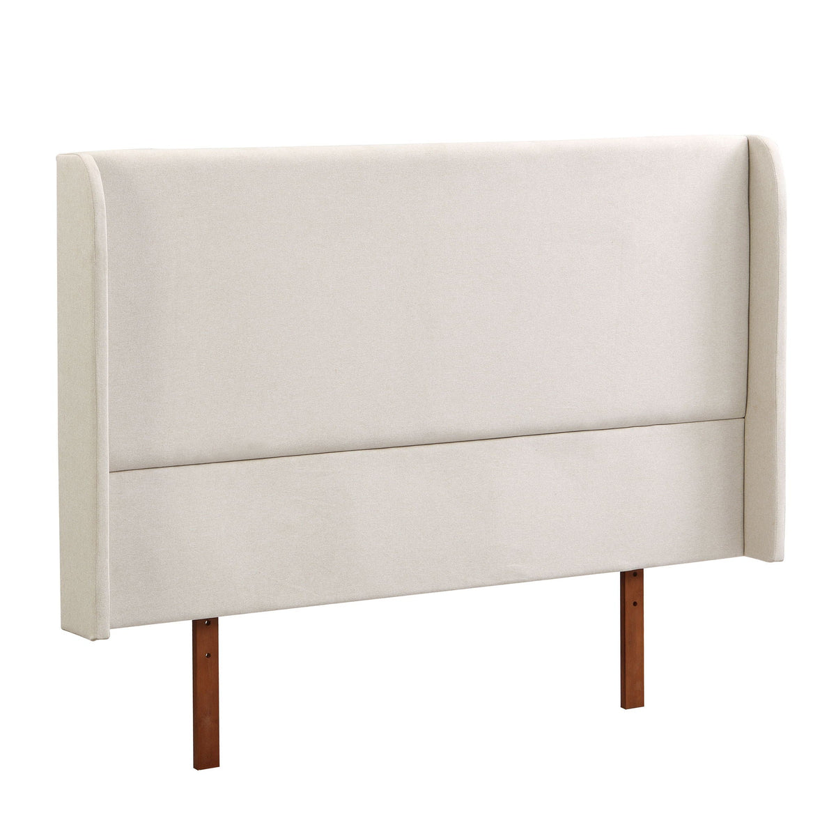 King size platform bed with brown upholstered high headboard and slim wooden legs on Tampa Home & Garden Store