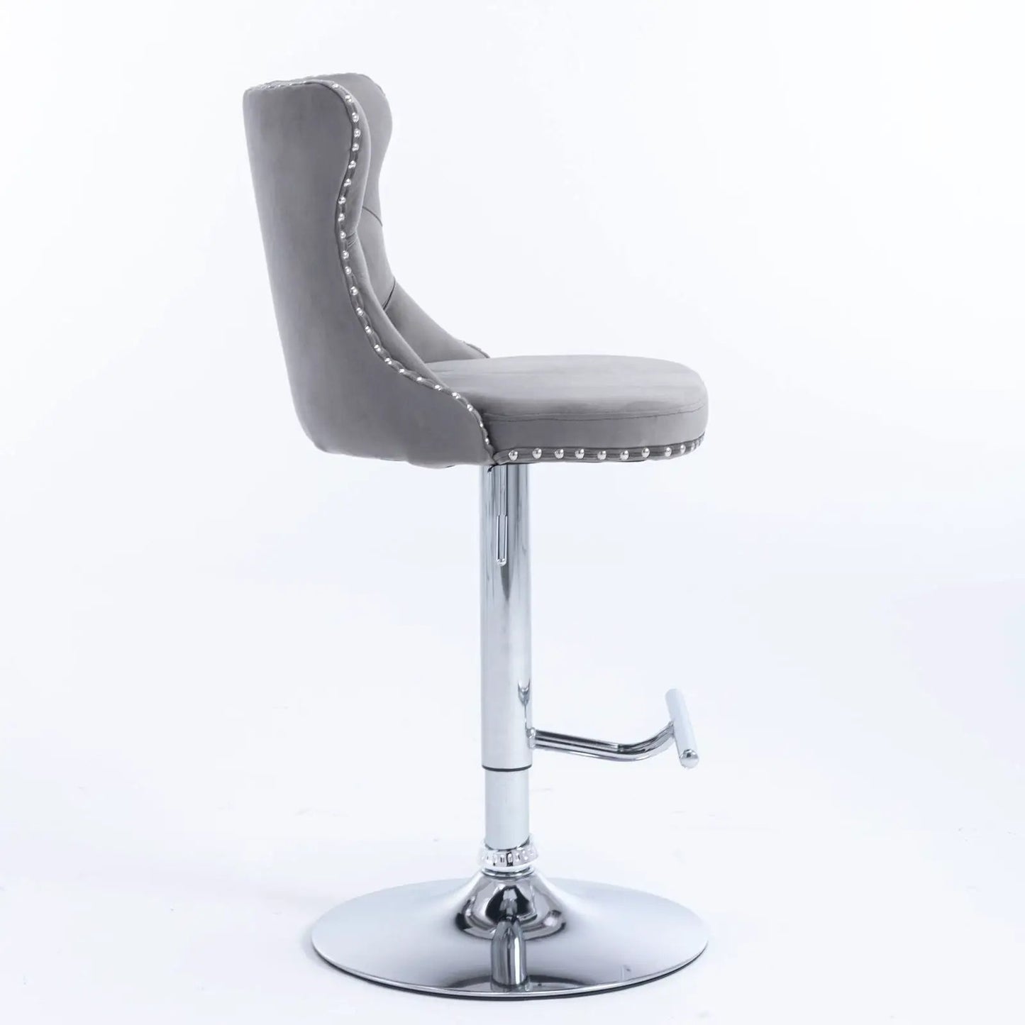 Gray upholstered swivel barstool with tufted back, nailhead trim, chrome pedestal base, height 25–33 in on Tampa Home & Garden Store