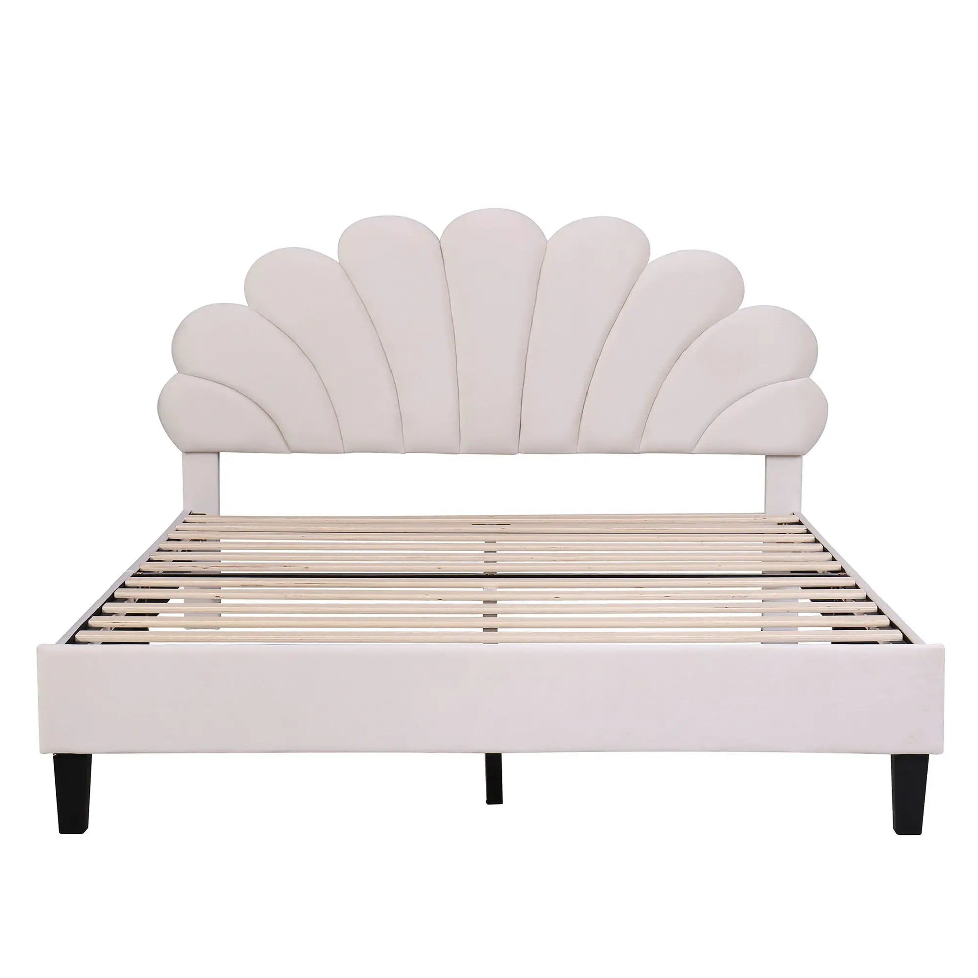 Upholstered bed with white scallop headboard and slatted platform by Unique Piece on Tampa Home & Garden Store