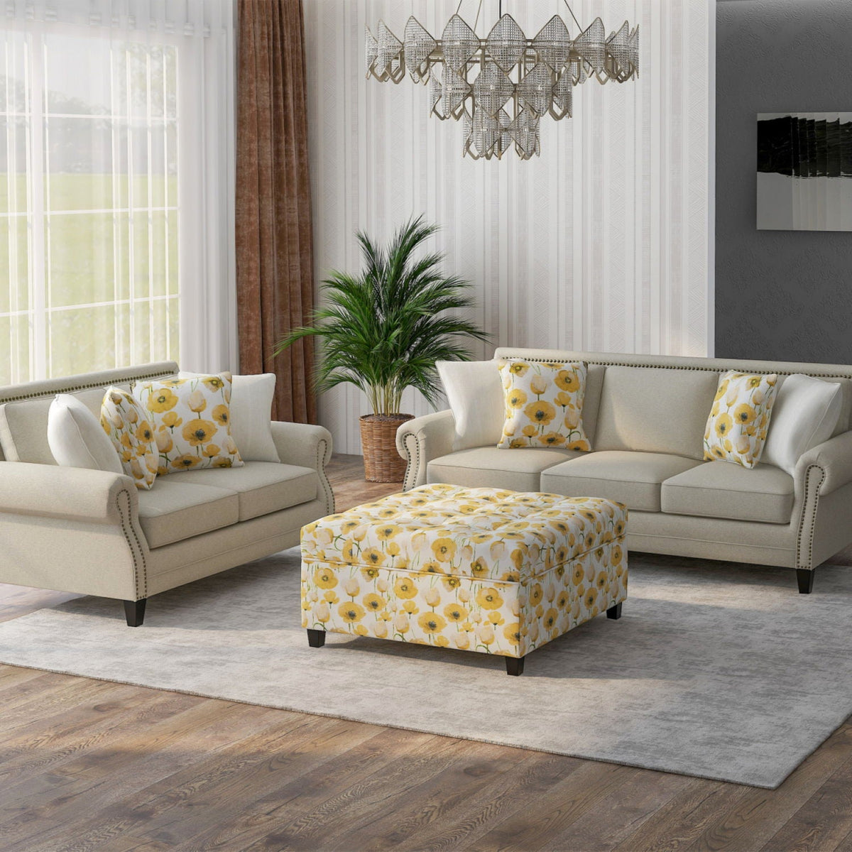 Floral Storage Ottoman by HouseOfZazla in gold-yellow floral fabric, traditional design on Tampa Home & Garden Store
