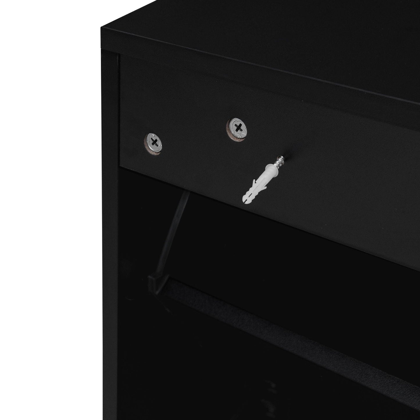 Shoe cabinet interior in black with metal screws on Tampa Home & Garden Store