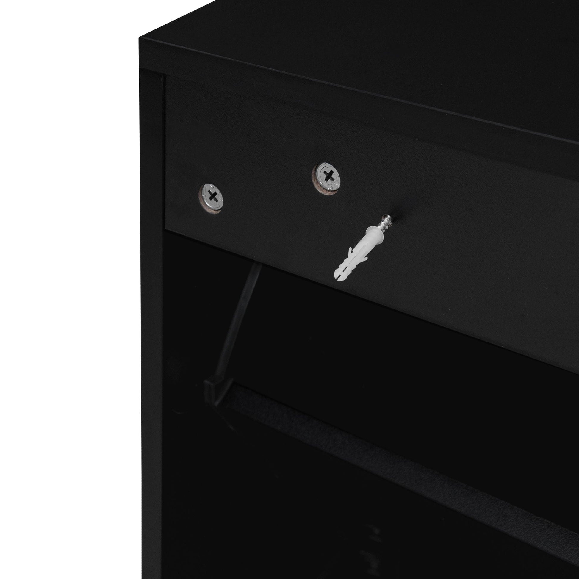 Shoe cabinet interior in black with metal screws on Tampa Home & Garden Store